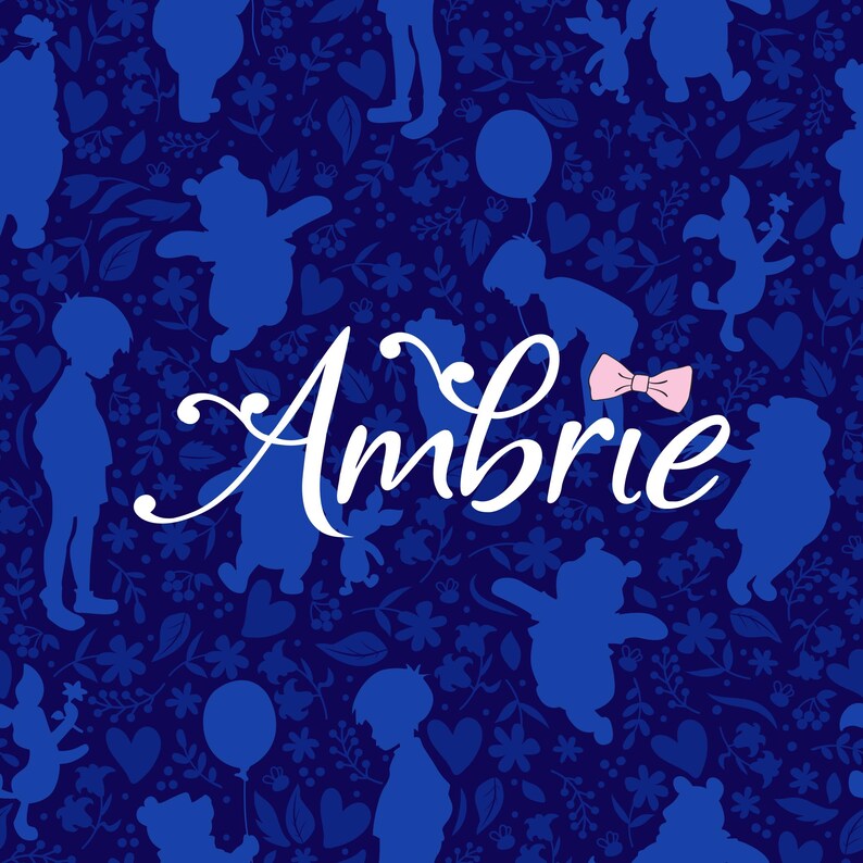 May include: A navy blue pattern featuring blue character silhouettes and floral designs. The name "Ambrie" is written in white script with a pink bow. The design includes hearts, flowers, and balloons.