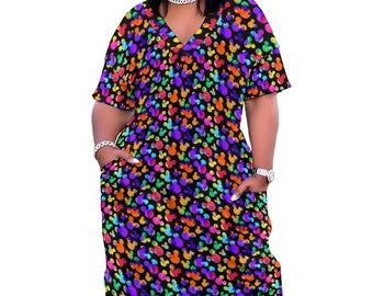 Watercolor Women's V-neck Loose Dress With Pockets