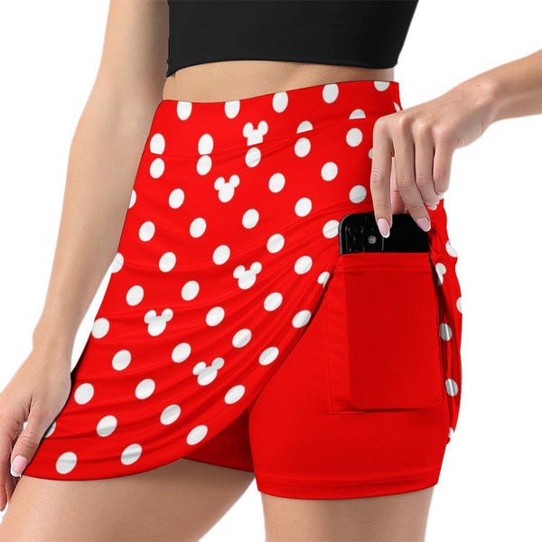 Red With White Mickey Polka Dots Athletic A-Line Skirt With Pocket Solid Shorts