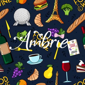 May include: A navy blue pattern featuring food and wine elements. Includes a hamburger, Eiffel Tower, wine bottles, grapes, croissants, and the word "Ambre" in white script. A "Food & Wine Festival Passport" is also visible.
