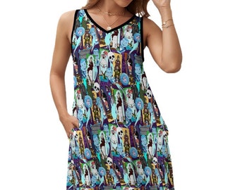 May include: A sleeveless, light blue dress with a V-neck and pockets. The dress features a colorful, all-over print of characters from the movie "The Nightmare Before Christmas".