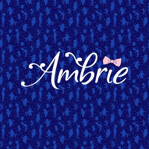 May include: A dark blue patterned background featuring blue silhouettes of children and animals. The name "Ambrie" is written in white script with a pink bow.