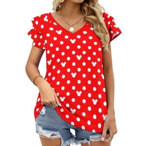 Red With White Mickey Polka Dots Women&#39;s Ruffle Sleeve V-Neck T-Shirt