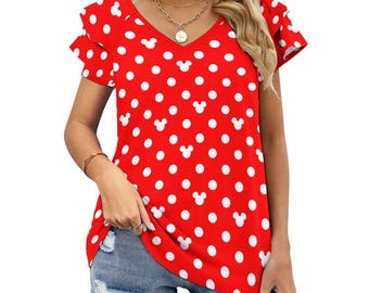 Red With White Mickey Polka Dots Women's Ruffle Sleeve V-neck T