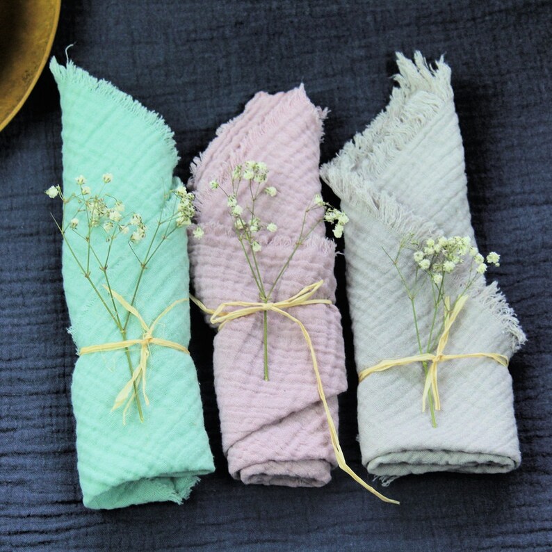 Serviette de table double gaze de coton vert amande franges Etsy