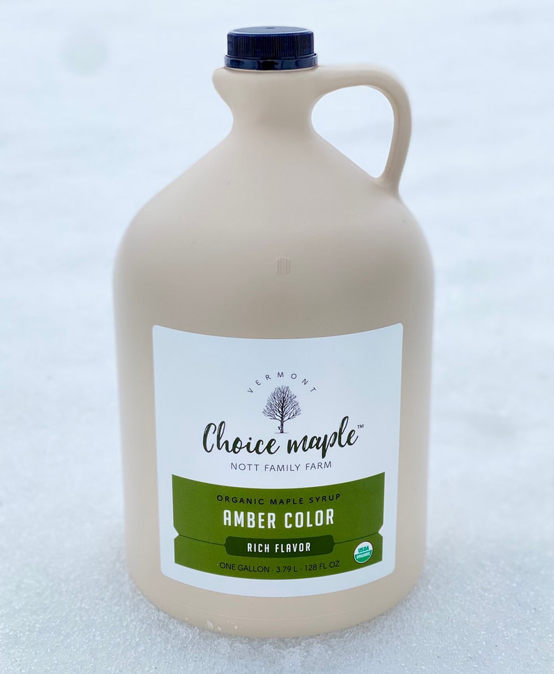 May include: A gallon jug of Vermont Choice maple syrup, amber color, rich flavor, organic maple syrup from Nott Family Farm.  One gallon, 3.79 L, 128 fl oz.