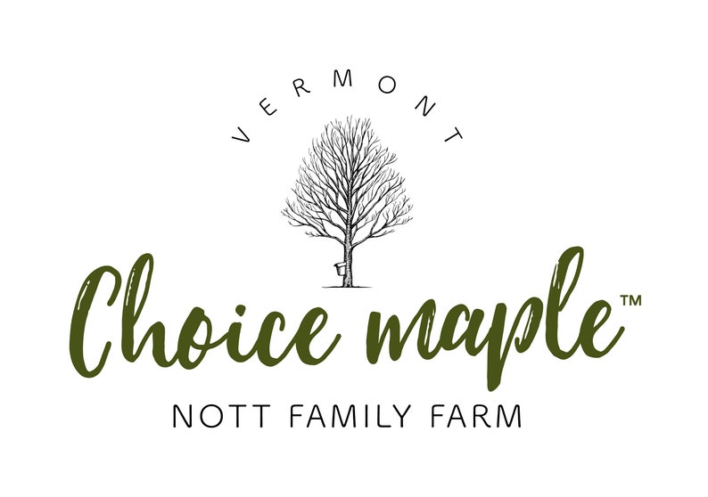 May include: A logo for Choice Maple, a Vermont family farm. The logo features a stylized maple tree with a sap bucket hanging from a branch. The text "Choice Maple" is written in a cursive font and the words "Nott Family Farm" are written below the logo.