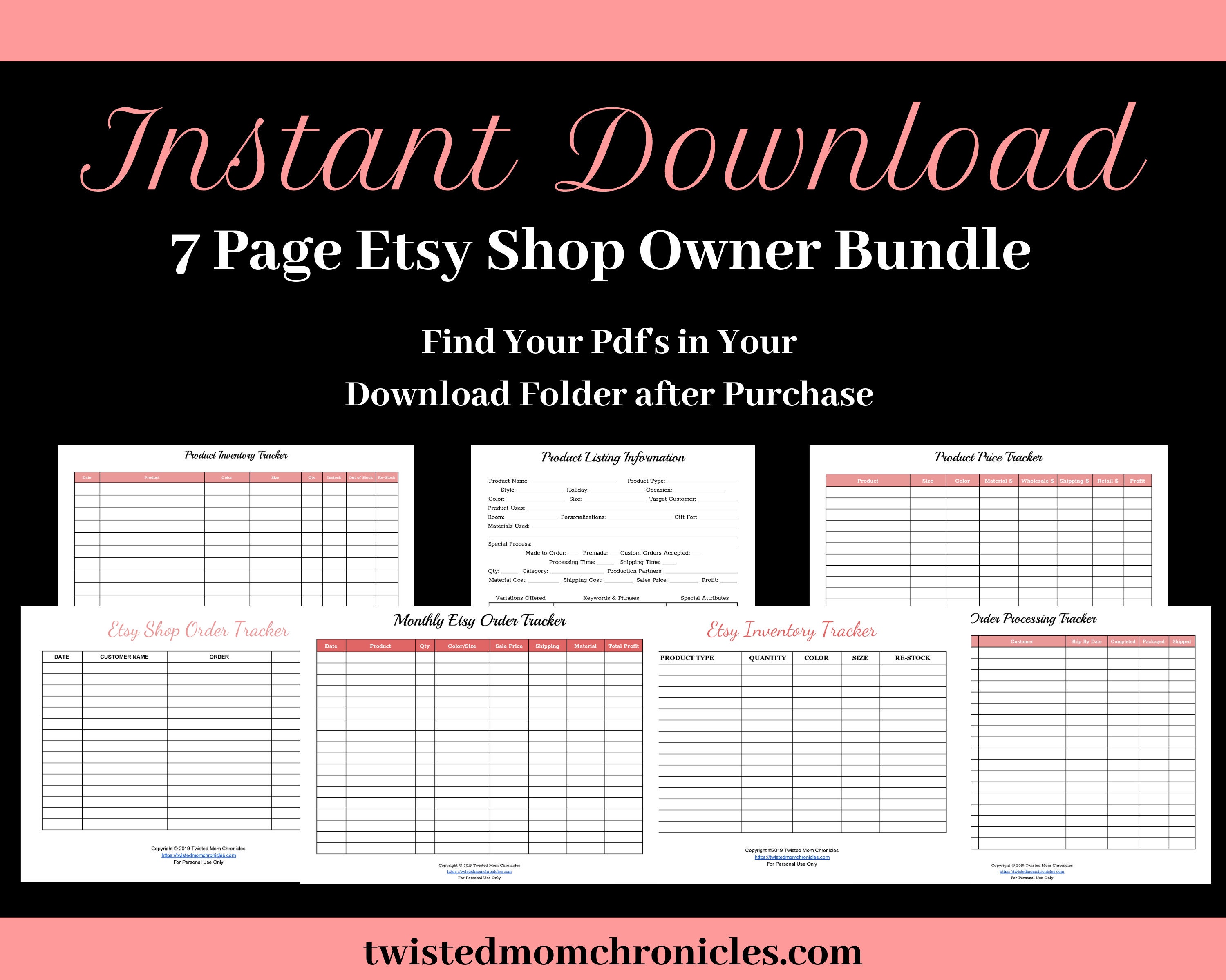 Set of 7 Simple Etsy Shop Orders and Product Tracker Bundle Etsy