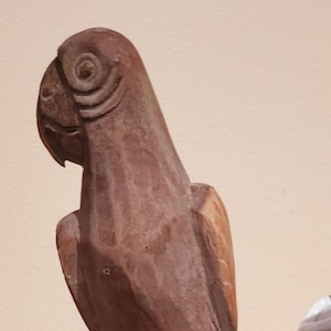 Vintage Natural Wood Carved Parrot Statue