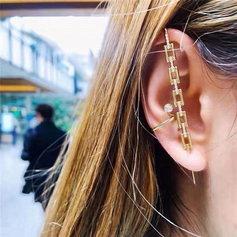 Gold Plated Micro Pave Chain Link Ear Cuff Bar Earring Etsy