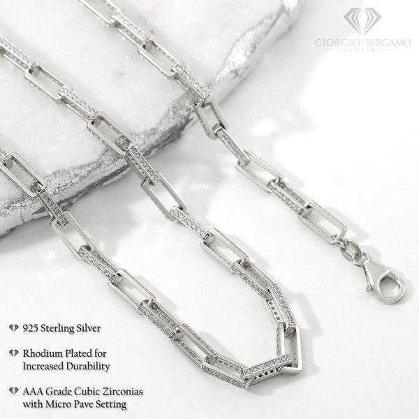 925 Sterling Silver 4mm Paper Clip CZ Micro Pave Chain or Bracelet, Cubic Zirconia, Iced Out, Giorgio Bergamo