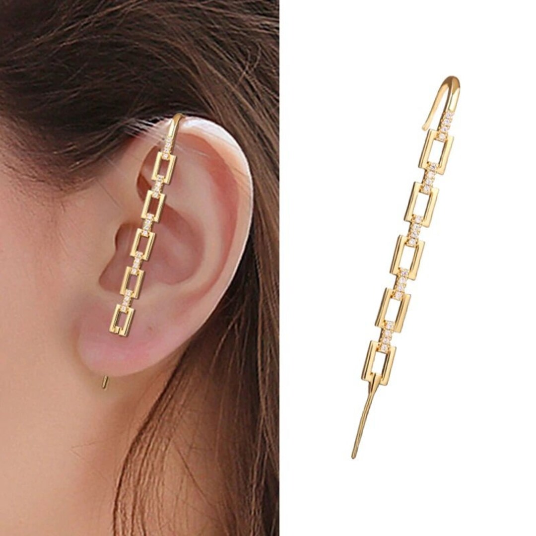 Gold Plated Micro Pave Chain Link Ear Cuff Bar Earring Etsy