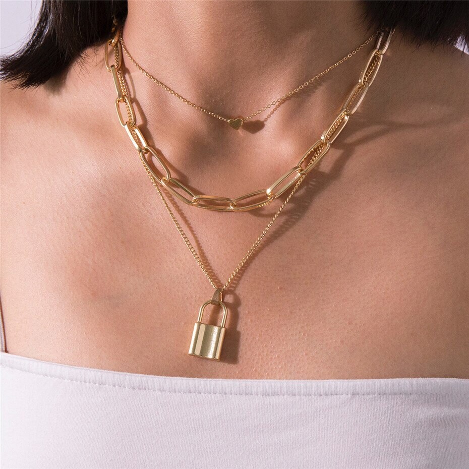 Gold Plated Trendy Paper Clip Chain With Lock Layered Necklace Etsy