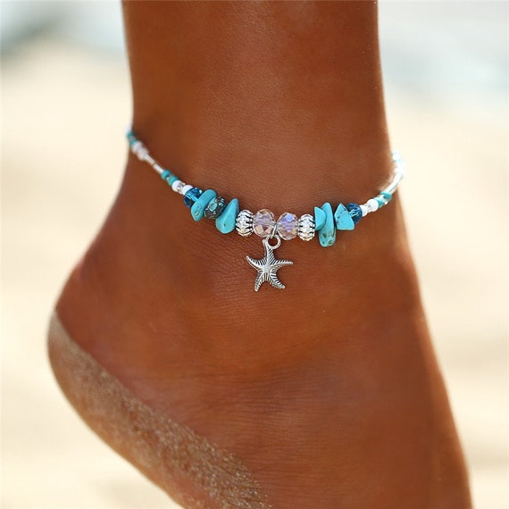 Genuine Turquoise Crystal Beaded Starfish Ankle Bracelet Etsy UK