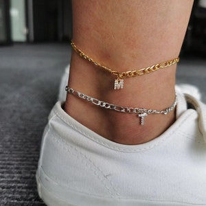 Stainless Steel 4mm Figaro Link ANKLET - Initial A - Z Cubic Zirconia Giorgio Bergamo ANKLE BRACELET