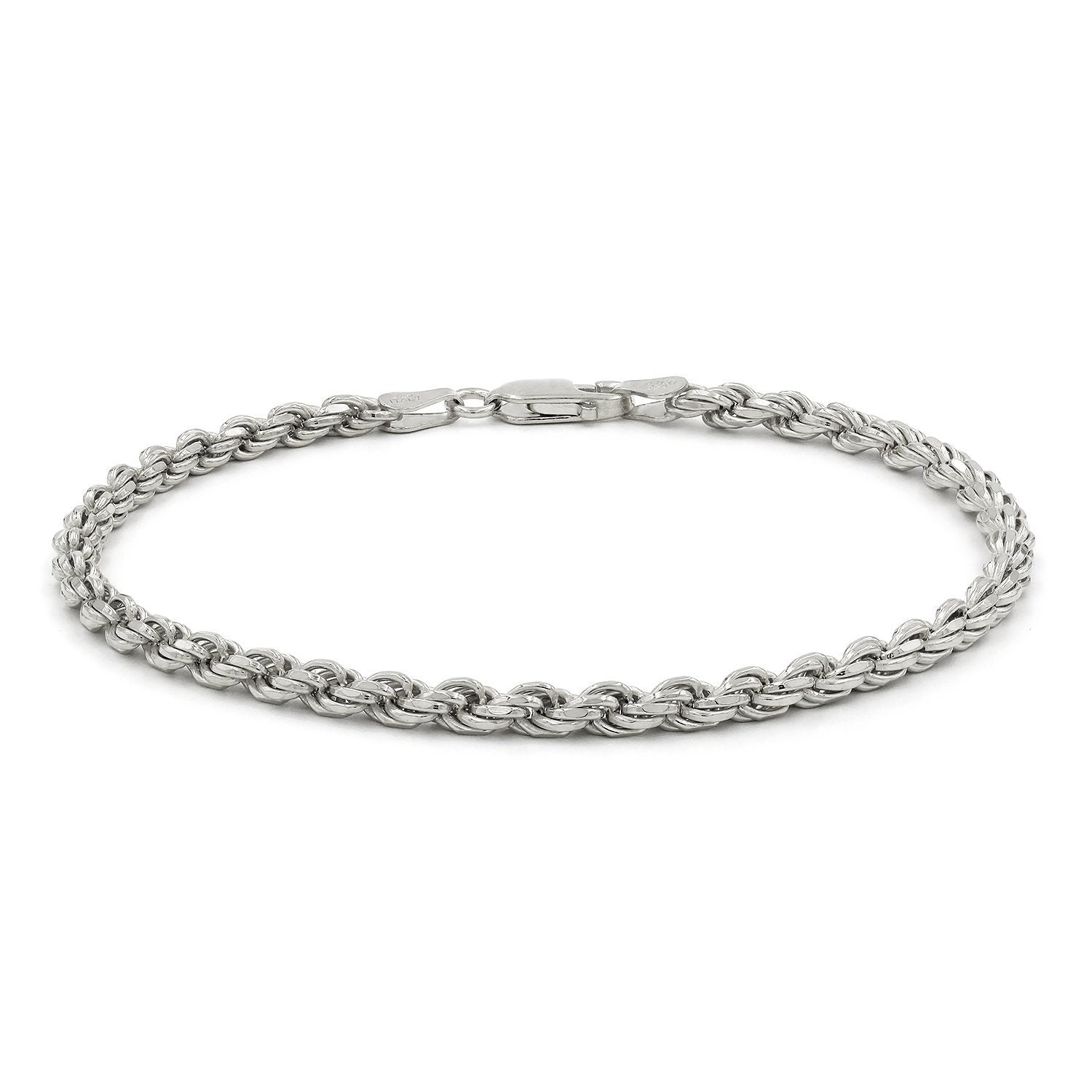 Rhodium FREE Silver Sterling Chain, Etsy Diamond Italian 3.5mm Giorgio - Cut 925 Solid Microfiber Bracelet, Rope Bergamo Link Cloth,