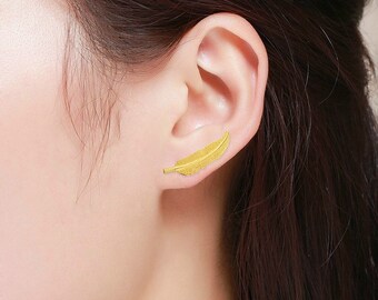 14kt Gold Textured Leaf Ear Climber Earring