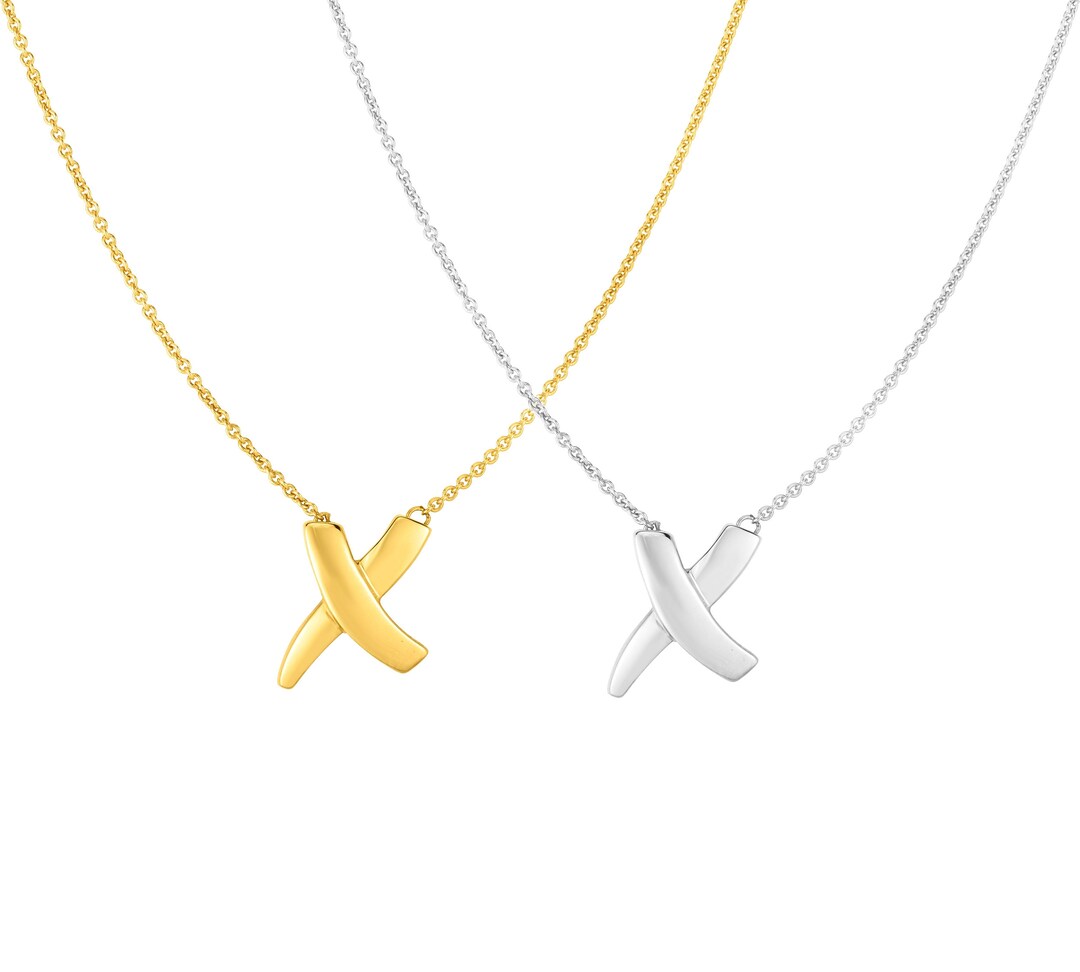 14K Gold Sculpted X Pendant Necklace, FREE Microfiber Cloth,