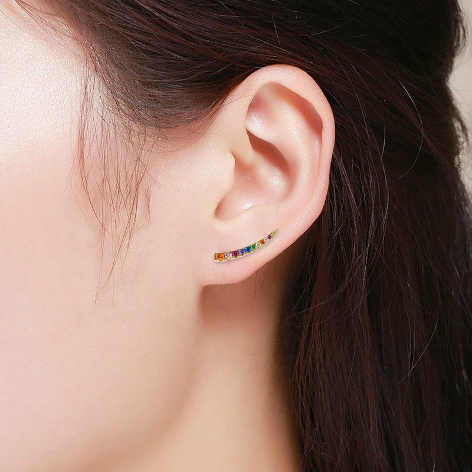 925 Sterling Silver Rainbow Curved Bar Ear Climber Earring Etsy