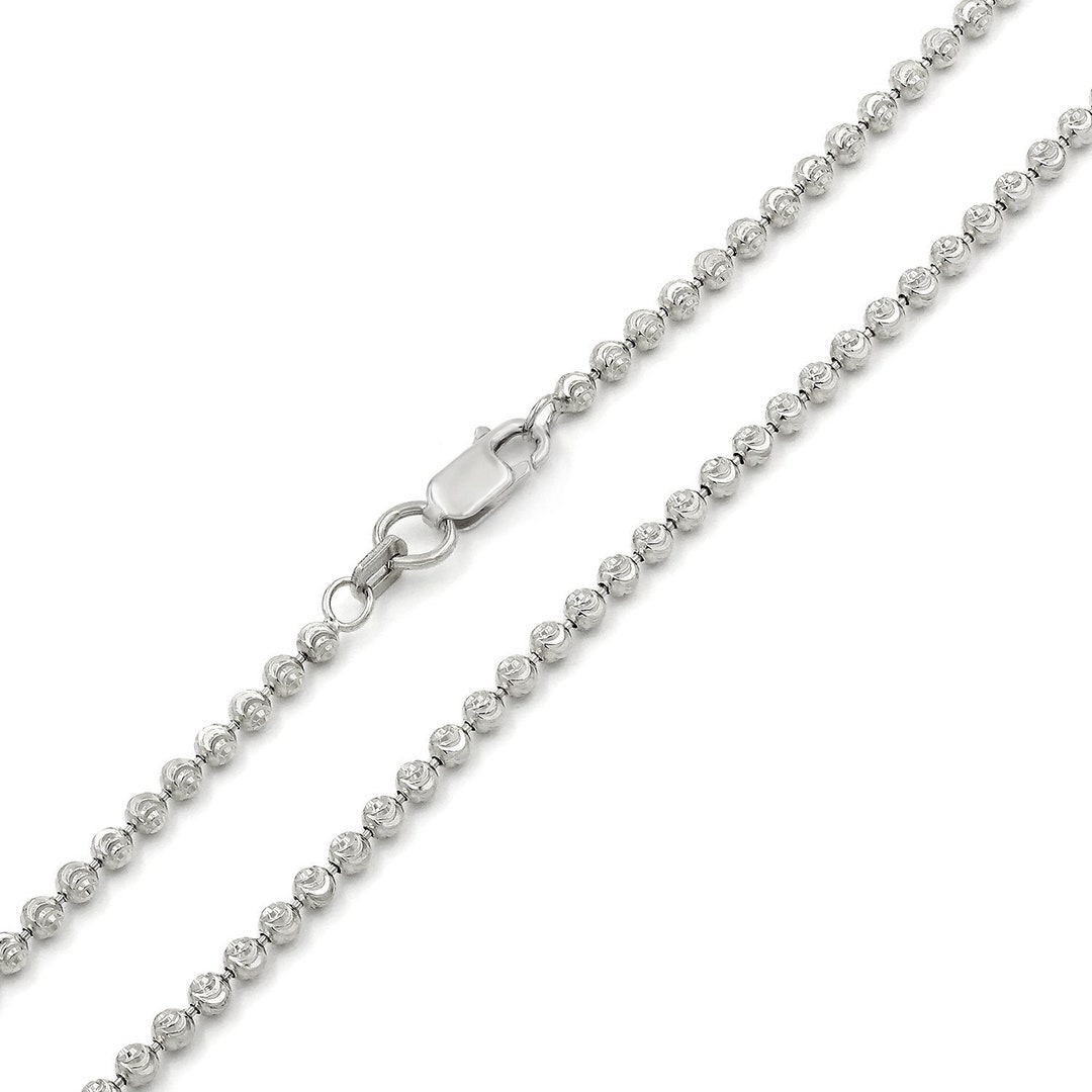 14K White Gold 2.5mm Ball Bead Moon Cut Chain, FREE Microfiber Cloth
