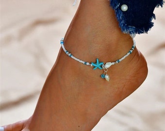 BOHO FESTIVAL SILVER TURQUOISE BEADS SHELL STARFISH ANKLET ANKLE CHAIN UK SELLER BOHO FESTIVAL SILVER TURQUOISE BEADS SHELL STARFISH ANKLET ANKLE CHAIN UK SELLER
