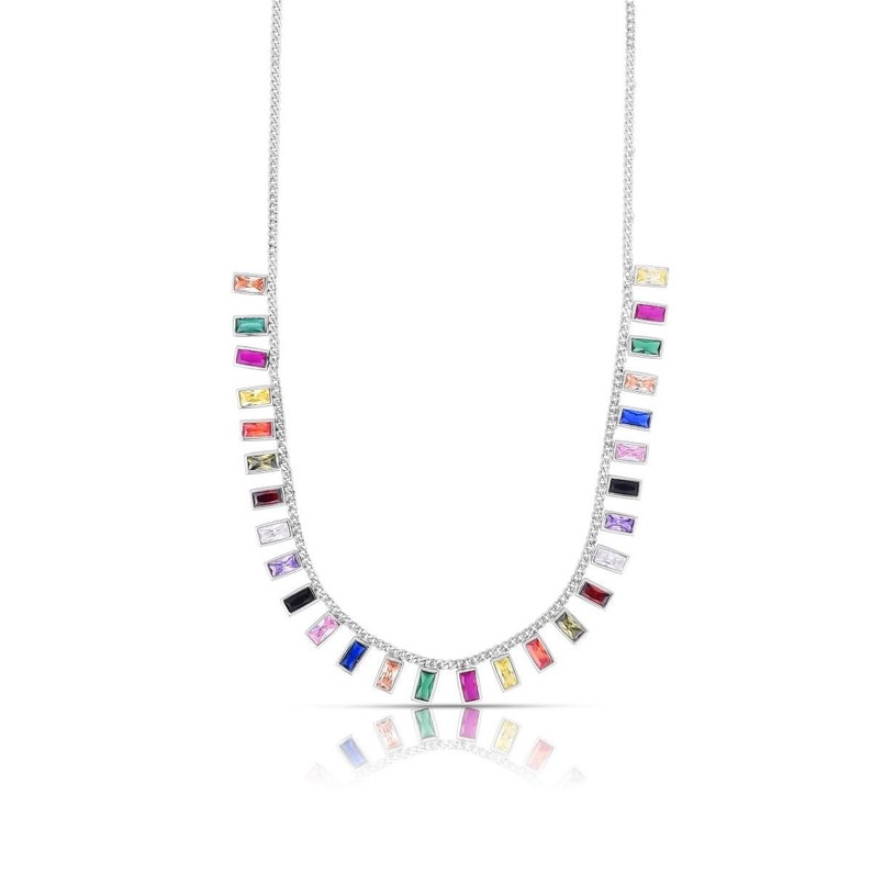 925 Sterling Silver Curb Link Bezel Rainbow CZ Choker Necklace