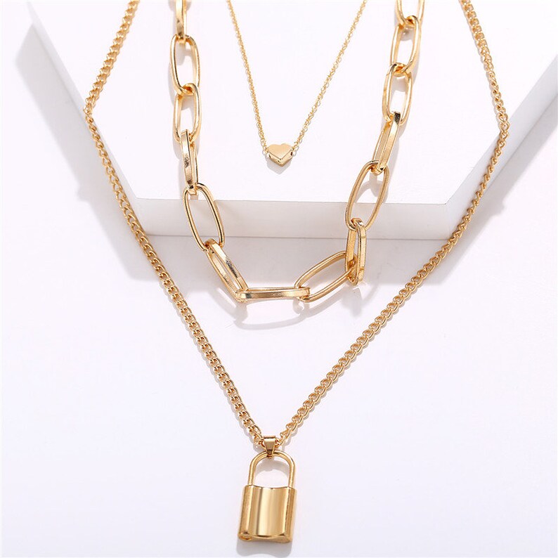 Gold Plated Trendy Paper Clip Chain With Lock Layered Necklace - Etsy
