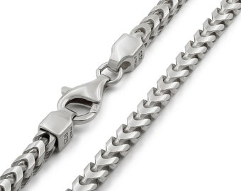 925 Italian Sterling Silver 4mm Solid Franco Chain, FREE Microfiber Cloth, Rhodium Plated Square Box Link Necklace, Giorgio Bergamo