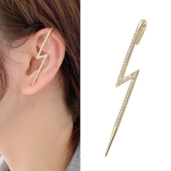 Gold Plated Micro Pave Lightning Bolt Ear Cuff Bar Earring Etsy