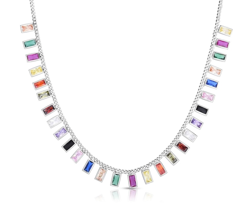 925 Sterling Silver Curb Link Bezel Rainbow CZ Choker Necklace