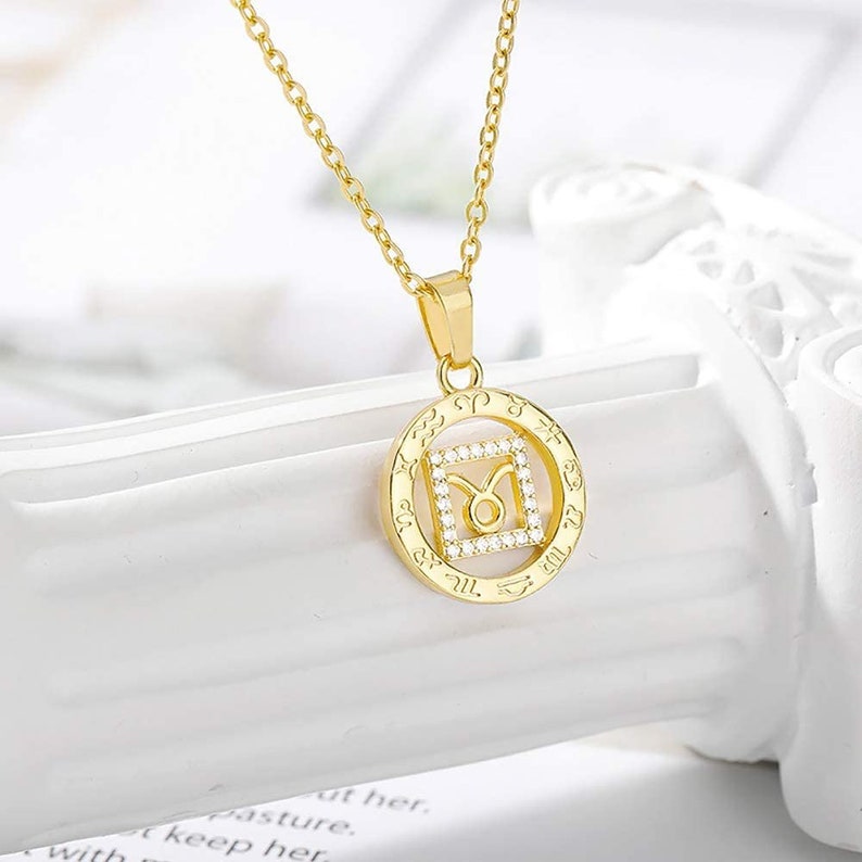 Astrology Horoscope Stainless Steel Gold Plated Taurus Zodiac Constellation Cubic Zirconia Amulet Disc Pendant Necklace Giorgio Bergamo