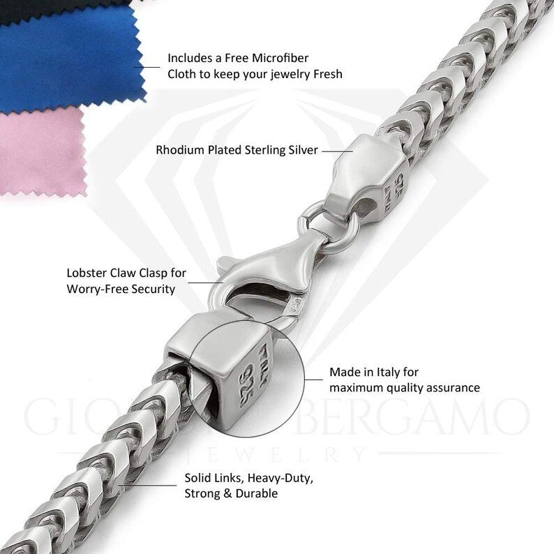 Rhodium Plated Square Box Link Necklace 16-30 Giorgio... FREE Microfiber Cloth 925 Italian Sterling Silver 3.5mm Solid Franco Chain