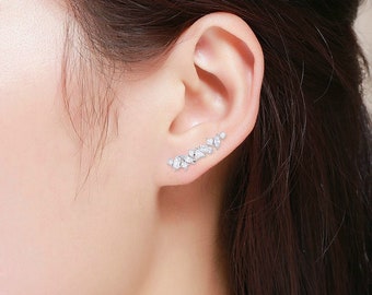 925 Sterling Silver Multi Faceted Ear Crawler Earring