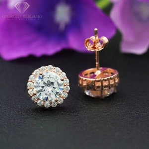 925 Sterling Silver Rose Gold Plated Round Halo Stud Earring, Micro Pave, CZ Cubic Zirconia, Giorgio Bergamo