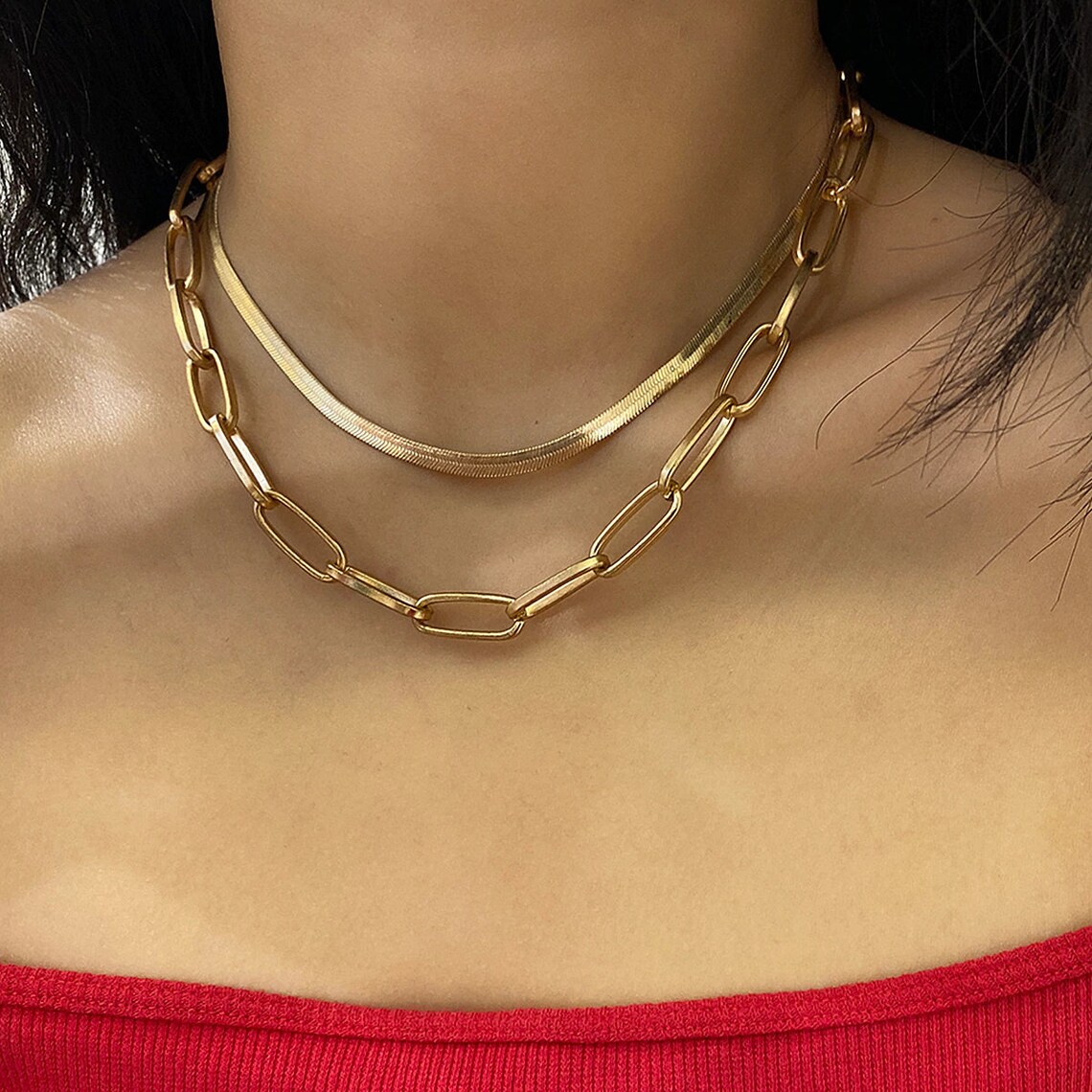 Gold Plated Trendy Paper Clip & Herringbone Layered Necklace Etsy