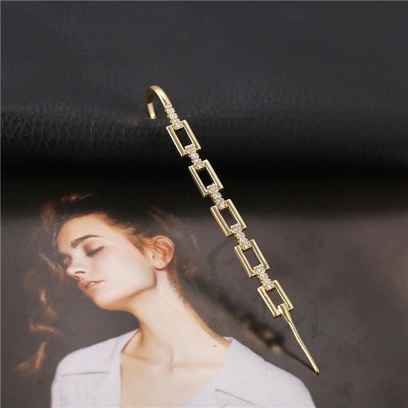 Gold Plated Micro Pave Chain Link Ear Cuff Bar Earring Etsy
