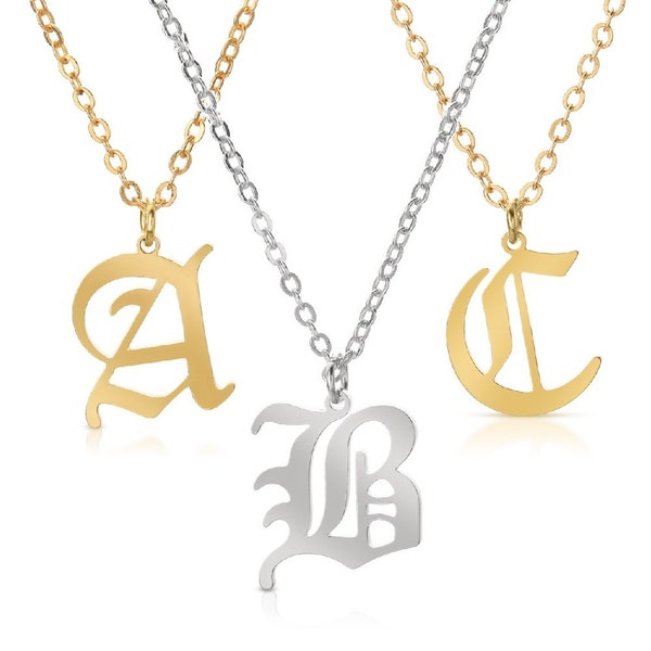 Giorgio Bergamo Stainless Steel Gold Plated Gothic, Old English Initial A - Z Letter Alphabet Pendant Necklace