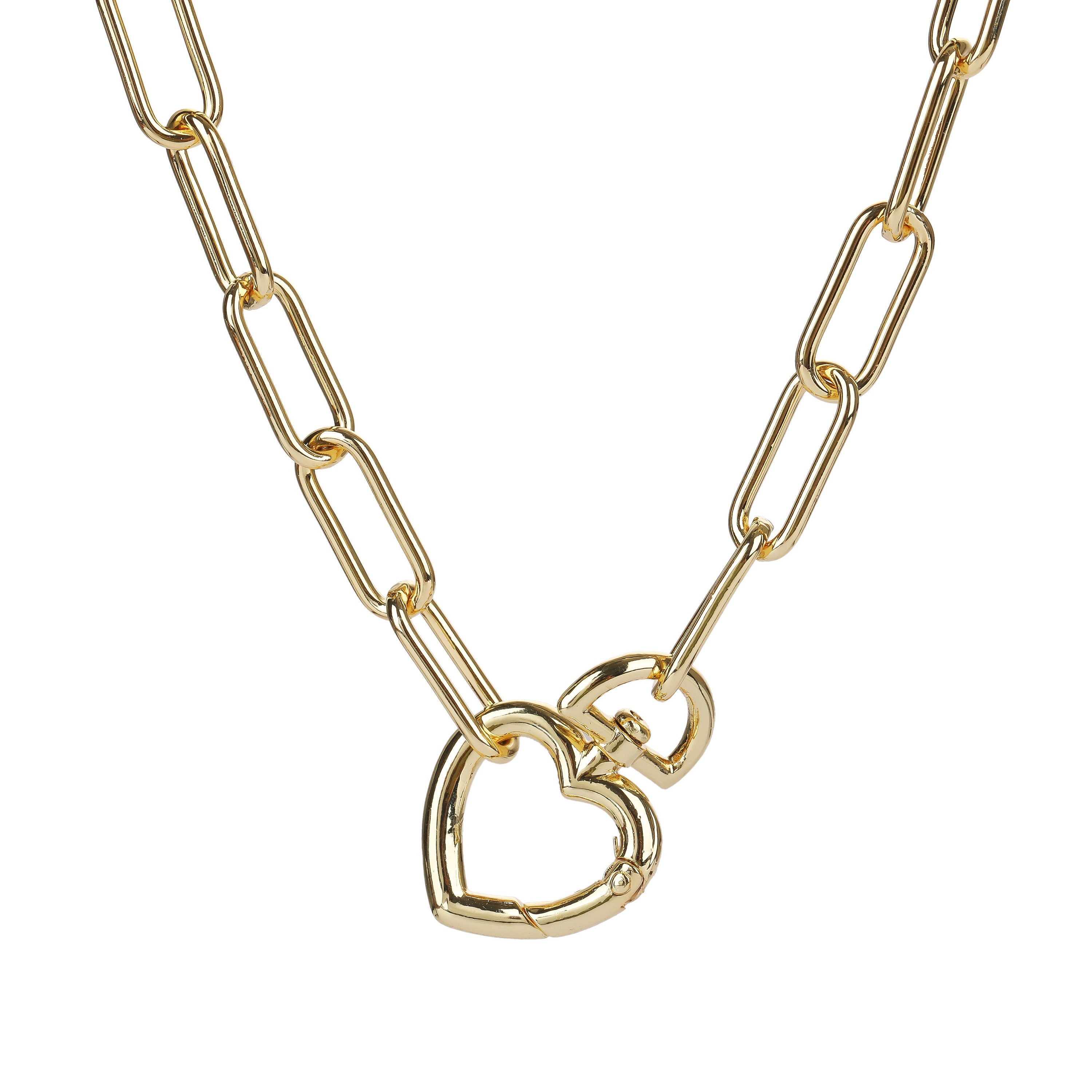 Paper Clip Link Necklace w/ Double Heart Charm Clasp in Yellow Plated  Sterling Silver- 16 in. - CBG003305