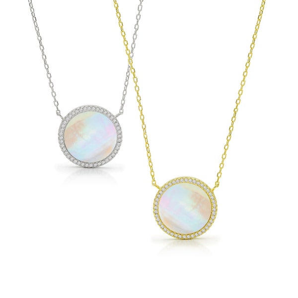 925 Sterling Silver Micro Pave Mother Of Pearl Disc Necklace, Cubic Zirconia, MOP, Giorgio Bergamo