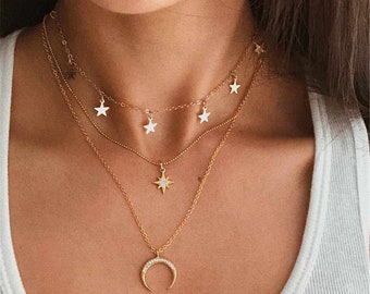 Gold Plated Trendy Star & Moon Layered Charm Choker Necklace