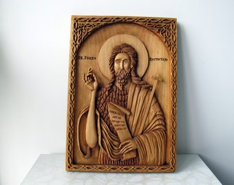 Orthodox Wood Icon Saint John the Baptist Handmade Carving, Orthodox Christian Art prayer corner Icon, St John Byzantine Greek Serbian Icon