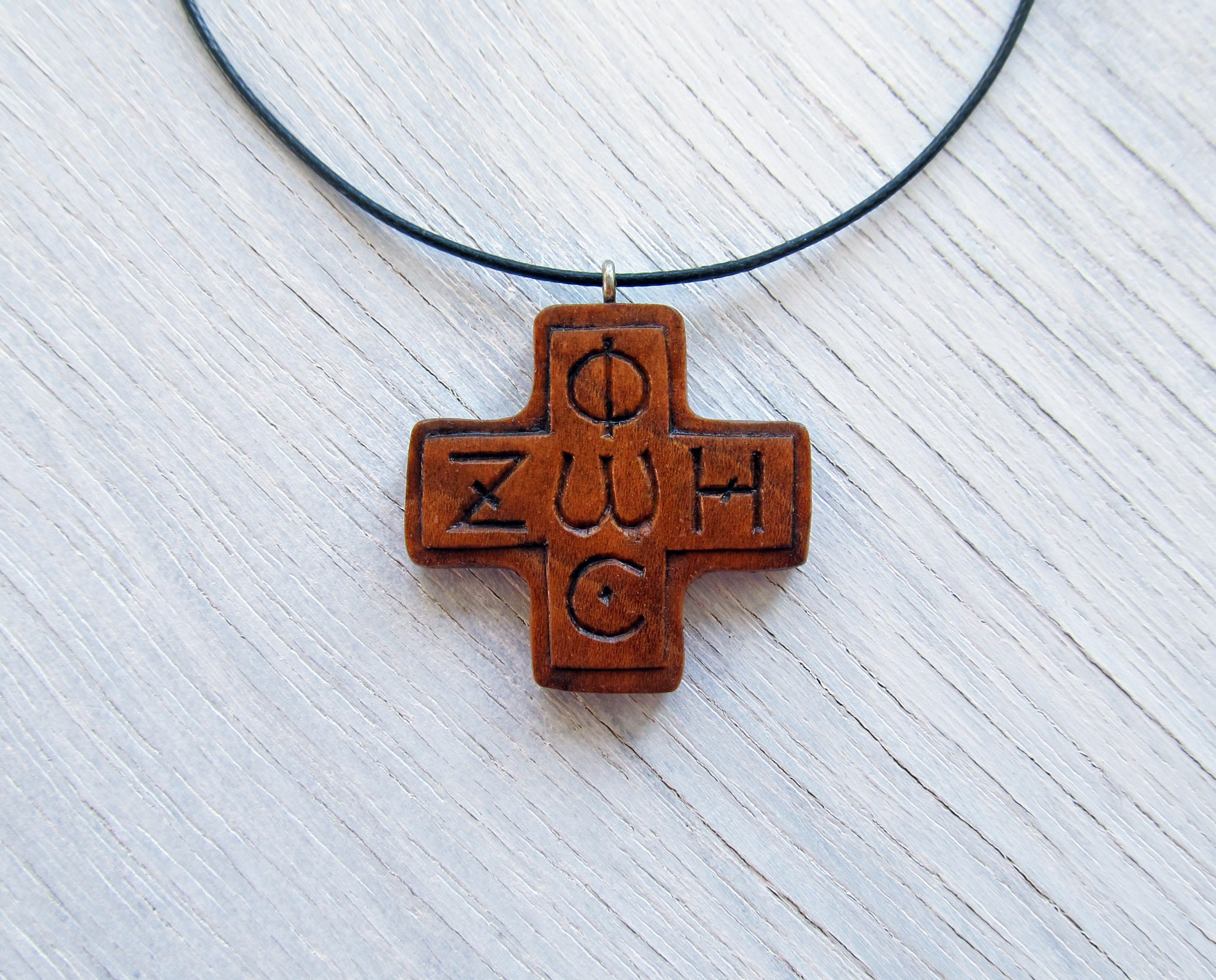 Handmade Olive Wood Orthodox Cross Necklace Holy Land Pendant Christian