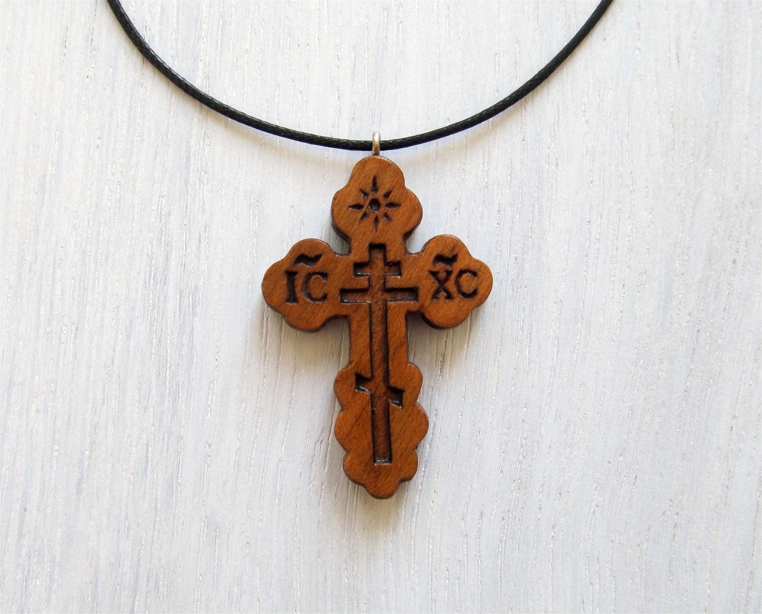 Orthodox Cross Wood Necklace St. Olga Handmade, Russian Byzantine