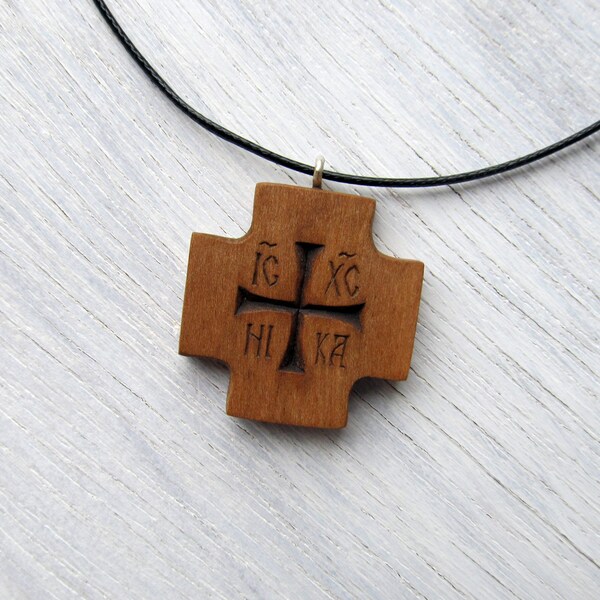 IC XC NIKA Cross Necklace Wood , Greek Orthodox Byzantine Christogram ic xc nika Constantine wooden Cross Pendant "Jesus Christ conquers"