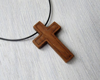 Wood Cross Necklace Simple Pendant , Handmade Christian Cross Dark Wood Simple Latin Cross on Rope Cord, Religious Christian Necklace Gift