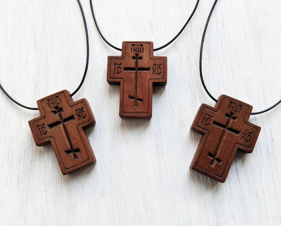 Orthodox Wooden Cross Handmade Necklace, IC XC Three Bar Cross