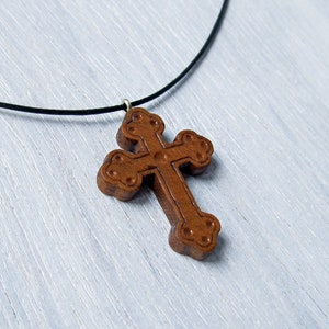 Handmade Olive Wood Orthodox Cross Necklace Holy Land Pendant Christian