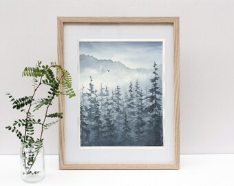 Misty Forest originele aquarel schilderij | Humeurig kunstcadeau | Decor voor natuurliefhebbers