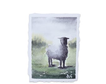 Sheep Pasture ACEO Original Watercolour Painting, Tiny Farm Animal Art, Whimsical Countryside Miniature, Cottagecore Sheep Artwork