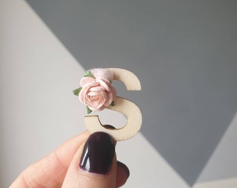 Dolls house miniature wooden letter, monogram, initial - you choose. Pink rose and pompom decoration dollhouse accessory